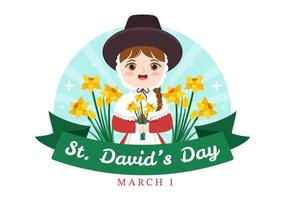 happy st david's day am 1. märz illustration mit walisischem kleid für kinder, drachen und gelben narzissen in flacher karikaturhand gezeichnet für landingpage-vorlagen vektor