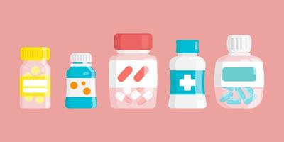 uppsättning av medicin flaskor med etiketter och piller. recept läkemedel, tabletter och kapslar. isolerat vektor illustration.