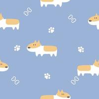 nahtloses niedliches tierhaustiercorgi-hundewiederholungsmuster mit knochen, fußabdruckpfote im blauen hintergrund flaches vektorillustrationszeichentrickfigurendesign vektor