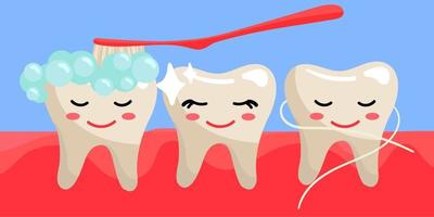 söt toothy uttryckssymboler på de tandkött. borsta din tänder med en tandborste med skum och dental flock. rena, även, glad tänder med känslor. dental flock, klistra, glitter. platt stil på en blå bakgrund vektor