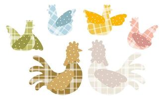 kycklingar uppsättning en vektor illustration i Färg. kyckling och tupp tillverkad av rutig tyg i annorlunda färger. påsk palett. en uppsättning av manlig och kvinna kycklingar. isolerat vektor illustration.