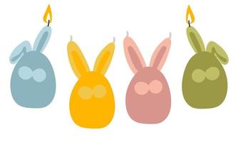 eine Reihe von Osterkerzen in Form von vereinfachten Kaninchen, Hasen. farbige Hasen in Form eines Eies mit Wachskerzenohren mit Docht. Osterkerzen. Verwendung für Banner von Flyern. Abbildung flach vektor