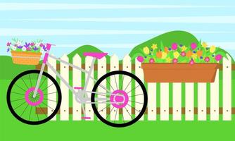 Frühlingslandschaft. Zaun, langer Topf mit Blumen, Fahrrad mit Blumenkorb. Vektor-Illustration.