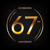 67. Jahrestag. 65 Jahre Geburtstagsfeier Banner in leuchtend goldener Farbe. kreisförmiges Logo mit elegantem Zahlendesign. vektor