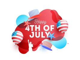 typografi text Lycklig 4:e av juli på abstrakt bakgrund dekorerad med farbror sam hatt och amerikan flagga färger ballonger. vektor
