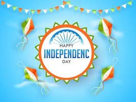 15:e augusti. indisk oberoende dag firande bakgrund med blå himmel, drakar och tricolor flaggväv dekoration. vektor