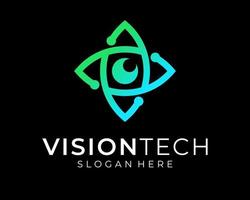 Vision Sehvermögen Augapfel Pupille Linse Schaltkreis Technologie digital elektronisch verbinden Vektor-Logo-Design vektor