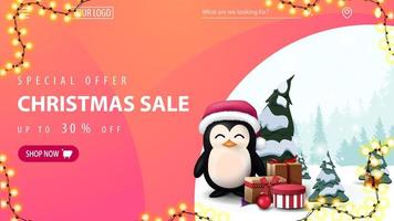 Sonderangebot, Weihnachtsverkauf, bis zu 30 Rabatt, rosa Rabatt Web-Banner mit Pinguin in Weihnachtsmann Hut mit Geschenken, Girlandenrahmen, Navigation der Website und Button mit Angebot vektor