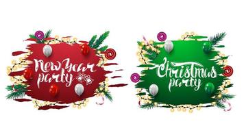 Sammlung von Weihnachtsfeier-Einladungs-Web-Bannern mit abstrakten zerlumpten Formen, die mit Weihnachtsbaumzweigen, -bonbons und -girlanden verziert werden, die auf Weiß lokalisiert werden vektor