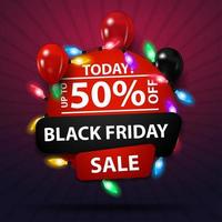 Black Friday Sale, bis zu 50 Rabatt, rundes Rabattbanner mit Girlande und Luftballons vektor