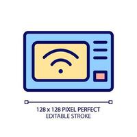 Intelligentes Mikrowellenherd-Pixel-perfektes RGB-Farbsymbol. Küchengerät. Fernbedienung per Smartphone. Internet der Dinge. isolierte Vektorillustration. einfache gefüllte Strichzeichnung. editierbarer Strich vektor