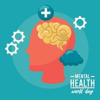 Weltkampagne zum Tag der psychischen Gesundheit mit Gehirnprofil und Zahnrädern vektor