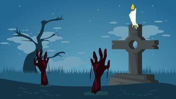 lycklig halloween firande kort med zombies händer i gravkyrkogården vektor