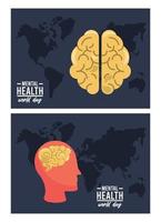 Weltkampagne zum Tag der psychischen Gesundheit mit Gehirnprofil und Karten der Erde vektor