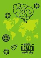Weltkampagne zum Tag der psychischen Gesundheit mit Erdkarten und Gehirn vektor