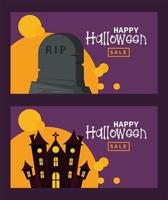 glückliche Halloween-Feierkarte mit Spukschloss und Grabstein vektor