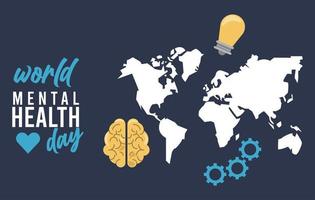 Weltkampagne zum Tag der psychischen Gesundheit mit Erdkarten und Glühbirne vektor