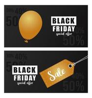 svart fredag försäljning banner med gyllene tagg och helium ballong vektor