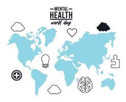 Weltkampagne zum Tag der psychischen Gesundheit mit Erdkarten und Linienstilikonen vektor