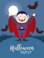 Happy Halloween Party mit Dracula Count und Fledermäusen fliegen in der Nachtszene vektor