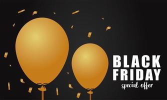 svart fredag försäljning bokstäver banner med gyllene ballonger i svart bakgrund vektor