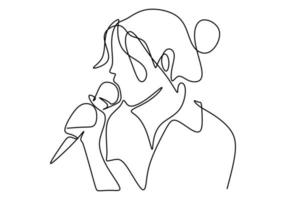 Ein Mädchen singt mit dem Mikrofon in der Hand. Singer Performance Concept Single Line. vektor