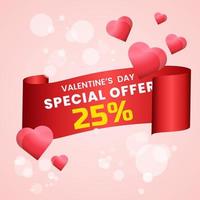 25 procent rosa, pastell elegant valentines band begrepp mall av försäljning baner, för valentine dag med en skrolla realistisk röd band och röd skinande glansig hjärtan. vektor illustration