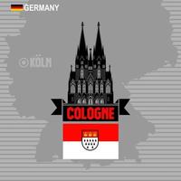 kölner dom mit emblem und flaggenstadt im hintergrund der deutschlandkarte.
