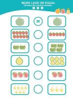 Mathe-Lernspiel für Kinder. Wählen Sie mehr, weniger oder gleiches Spiel. Mathe-Spiel mit tropischen Früchten. pädagogisches druckbares mathe-arbeitsblatt. Vektorillustration im Cartoon-Stil. vektor