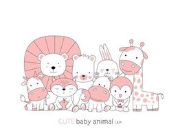 handritad stil. tecknad skiss de söta hållningen baby djur vektor