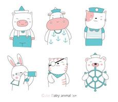handritad stil. tecknade baby djur bär sjöman kostymer vektor