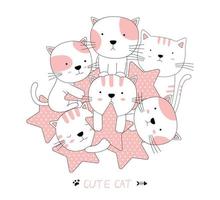 handritad stil. tecknad skiss söta baby katter med stjärnor vektor