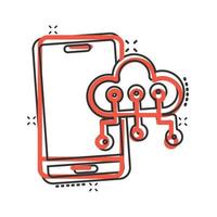 smartphone med moln ikon i komisk stil. telefon nätverk lagring tecknad serie vektor illustration på vit isolerat bakgrund. uppkopplad säkerhetskopiering stänk effekt företag begrepp.