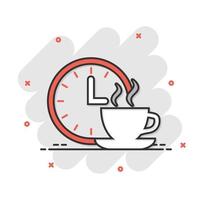 Kaffeepause-Symbol im Comic-Stil. Uhr mit Teetasse Cartoon-Vektor-Illustration auf weißem Hintergrund isoliert. Business-Konzept für Frühstückszeit-Splash-Effekt. vektor