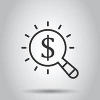 Lupenglas mit Geldsymbol im flachen Stil. Dollar-Suchvektorillustration auf weißem getrenntem Hintergrund. Finanzwährungsgeschäftskonzept. vektor
