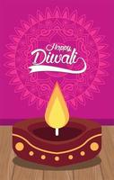 lycklig diwali firande med ljus trä i rosa bakgrund vektor