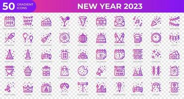 ny år 2023 ikoner i lutning stil. kalender, konfetti, pizza. lutning ikoner samling. Semester symbol. vektor illustration