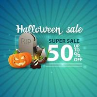 Halloween Sale, -50 Rabatt, blaues modernes Banner mit Grabstein und Kürbisheber vektor