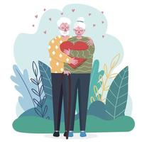 Valentinstag. ein verliebtes älteres Ehepaar. sie umarmen sich. Herz. Feier der Liebeserklärung. menschen im modernen flachen stil. Handzeichnung. ein alter Mann. vektor