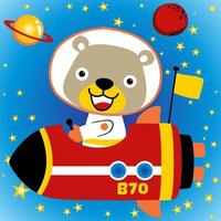 vektorkarikatur des niedlichen bären im astronautenkostüm auf raketenschiff im weltraum vektor
