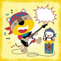 vektor tecknad serie av rolig katt med pingvin i musik konsert