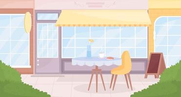 flache farbvektorillustration der sitzgelegenheiten im freien des cafés. Trinken und Essen draußen genießen. gemütliche Essmöglichkeit. Frühstück. vollständig bearbeitbares 2d-einfaches Cartoon-Stadtbild mit Gebäuden außen im Hintergrund vektor