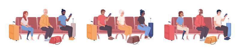 passagerare Sammanträde i flygplats stolar semi platt Färg vektor tecken uppsättning. redigerbar siffror. full kropp människor på vit. enkel tecknad serie stil illustration packa för webb grafisk design och animering