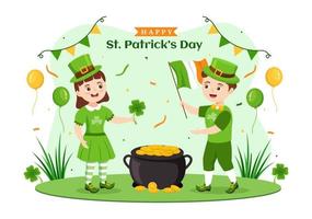 Lycklig st patricks dag illustration med ungar, gyllene mynt, grön hatt, leprechauns och vitklöver i platt tecknad serie hand dragen för landning sida mallar vektor