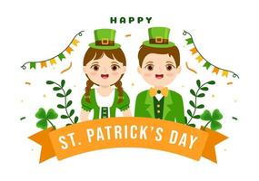 Lycklig st patricks dag illustration med ungar, gyllene mynt, grön hatt, leprechauns och vitklöver i platt tecknad serie hand dragen för landning sida mallar vektor