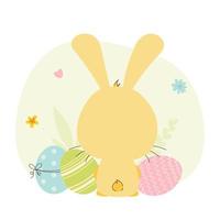 Illustration von niedlichen gelben Osterhasen und Eiern. kaninchencharakter und dekorative farbige ostereier. kaninchen oder hase, frühlingsfestes tier. Cartoon-Urlaub-Vektor-Illustration. vektor