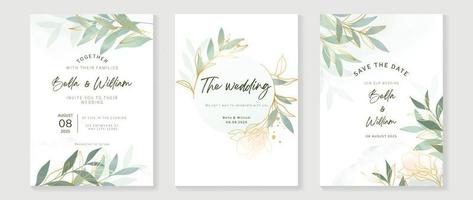 Luxus-Hochzeitseinladungskarte Hintergrundvektor. eleganter aquarellblumenblattzweig und goldlinie kunstbeschaffenheitsschablonenhintergrund. designillustration für hochzeits- und vip-cover-vorlage, banner. vektor