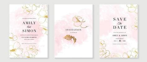 Luxus-Hochzeitseinladungskarte Hintergrundvektor. elegante botanische blumen goldstrichkunst und rosa aquarellbeschaffenheitshintergrund. designillustration für hochzeits- und vip-cover-vorlage, banner. vektor