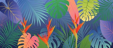 bunte tropische Blätter Hintergrund-Vektor-Illustration. dschungelpflanzen, monstera-palmenblätter, exotischer regenwaldsommerhintergrund im hawaiianischen stil. Zeitgenössisches Design für Heimtextilien, Tapeten. vektor