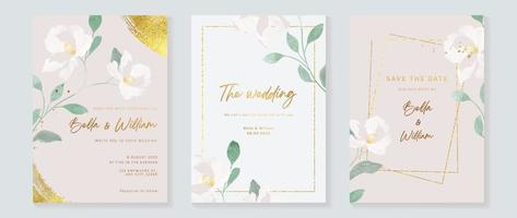 Luxus-Hochzeitseinladungskarte Hintergrundvektor. aquarell botanischer blumenblattzweig mit goldener schimmernder geometrischer rahmenschablone. designillustration für hochzeits- und vip-cover-vorlage, banner. vektor